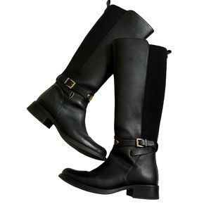 GILLIO Black Leather High Knee Boots with Gold Zipper. Size 5